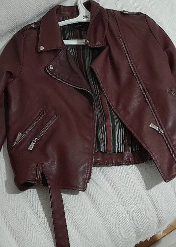 Bordo Kemerli Kısa Deri Biker Ceket - Görsel 2