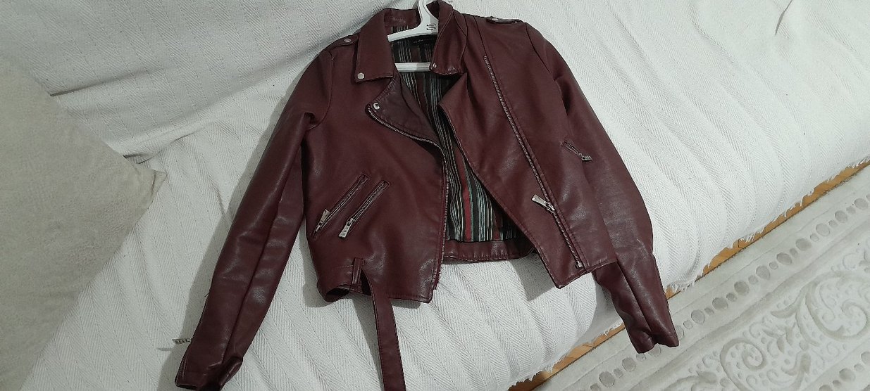 Bordo Kemerli Kısa Deri Biker Ceket - Görsel 2