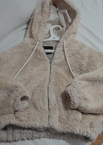 Kapüşonlu Bej Peluş Kadın mont - Görsel 5