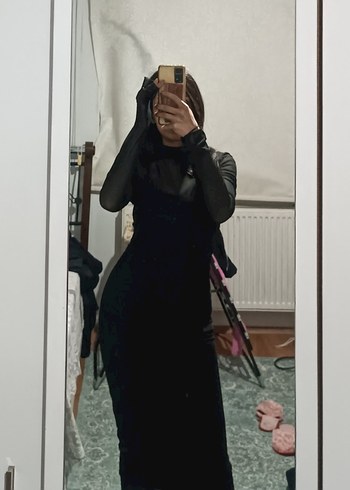 Siyah Transparan Uzun Kollu Midi Elbise - Görsel 2