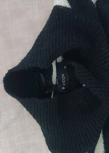 Düğmeli Siyah Gri Çizgili Kadın Triko - Görsel 2