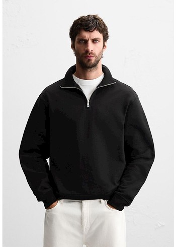 Zara Erkek Siyah Yarım Fermuarlı Sweatshirt