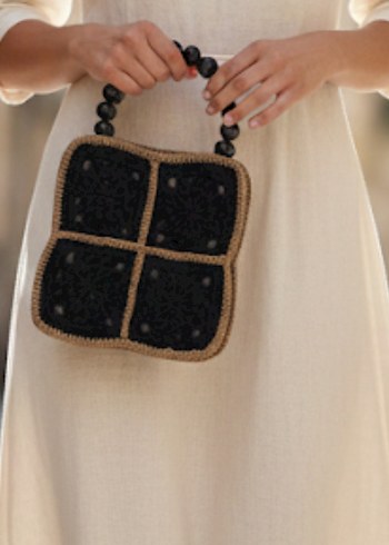 Doğal taş Detaylı Siyah Örgü Bohem Çanta - Görsel 2