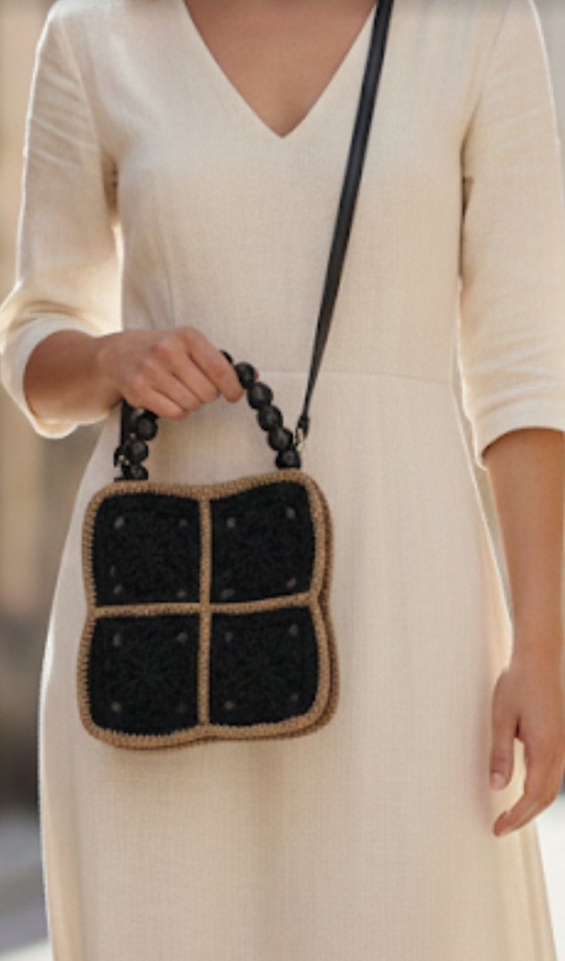 Doğal taş Detaylı Siyah Örgü Bohem Çanta - Görsel 3