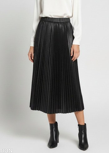 stradivarius Parlak Siyah Pilili Midi Etek - Görsel 2