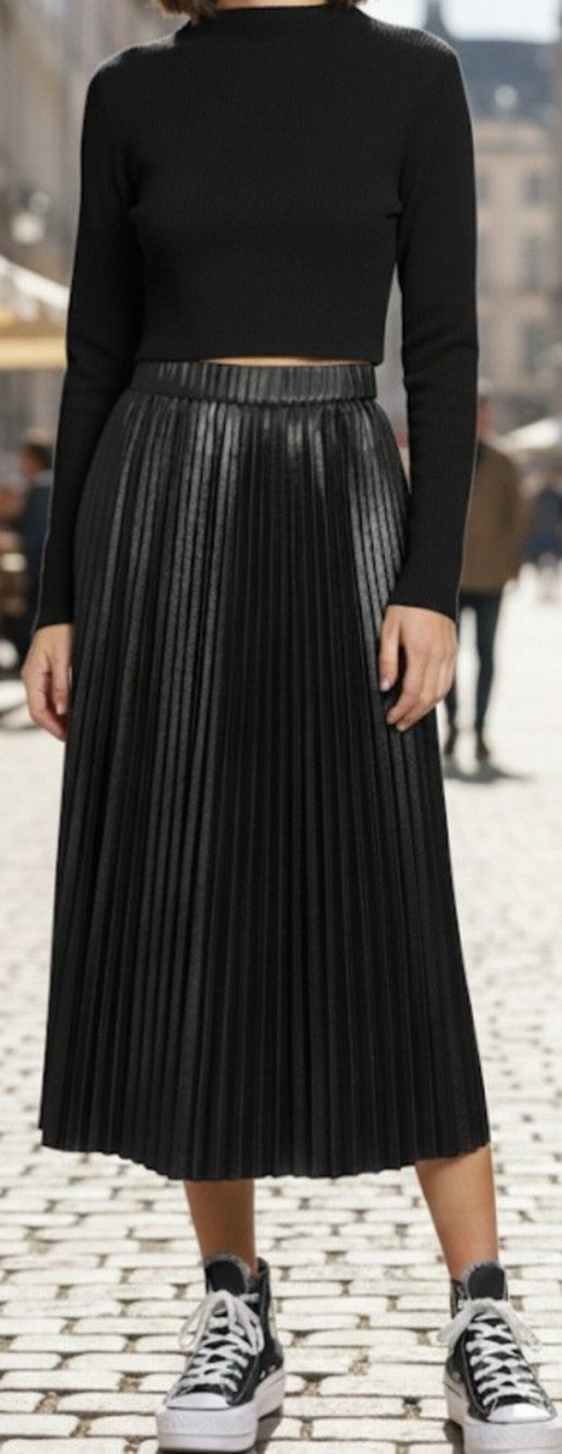 stradivarius Parlak Siyah Pilili Midi Etek - Görsel 3