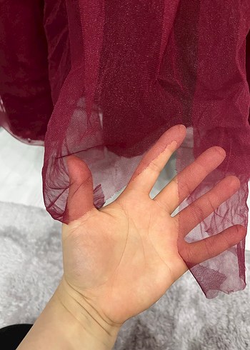 Bordo Uzun Kollu Nakışlı Kadın Abiye Elbise - Görsel 3