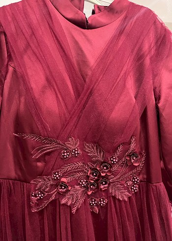 Bordo Uzun Kollu Nakışlı Kadın Abiye Elbise - Görsel 2