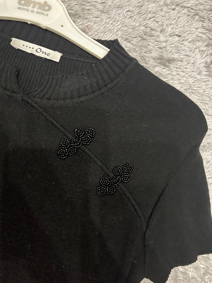 Siyah Kısa Kollu Mini Triko T-shirt - Görsel 2