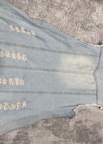 Nakışlı, Kolsuz Gri Kadın Kot Ceket - Görsel 7