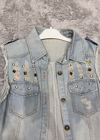 Nakışlı, Kolsuz Gri Kadın Kot Ceket - Görsel 3