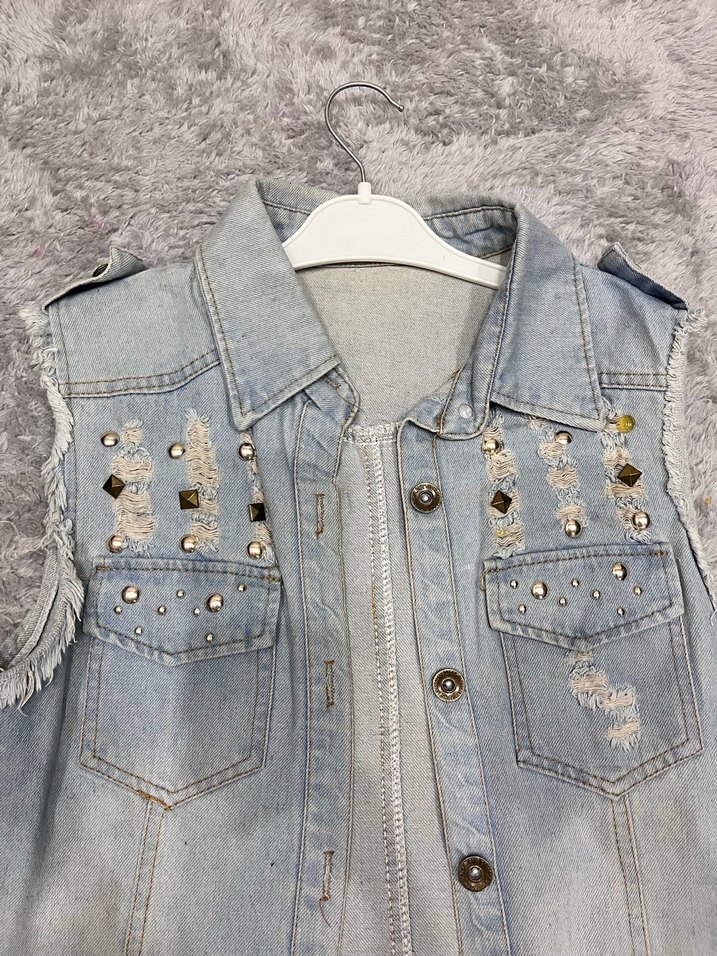 Nakışlı, Kolsuz Gri Kadın Kot Ceket - Görsel 3