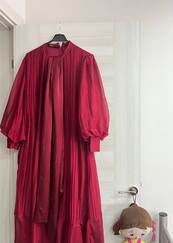 Bordo Uzun Kollu Drapeli Kadın Elbise - Görsel 2