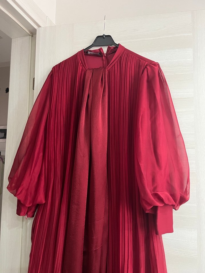 Bordo Uzun Kollu Drapeli Kadın Elbise - Görsel 3