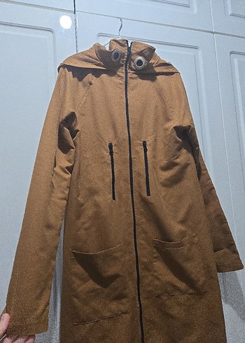 Kapüşonlu Bej Süet Uzun Parka - Görsel 2