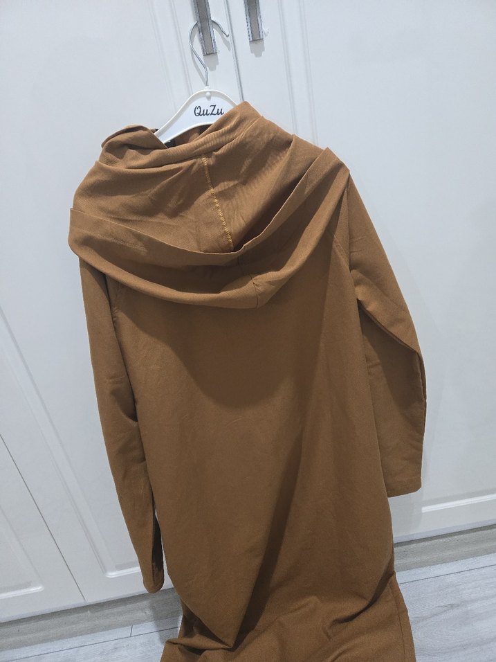 Kapüşonlu Bej Süet Uzun Parka - Görsel 3