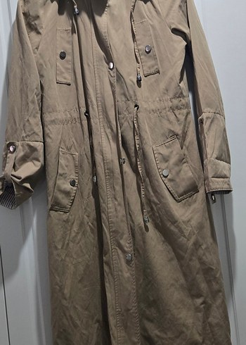 Bej Düğmeli Uzun Keten Trençkot - Görsel 2
