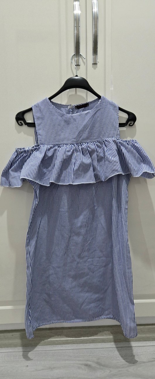 mavi beyaz çizgili midi elbise - Görsel 2