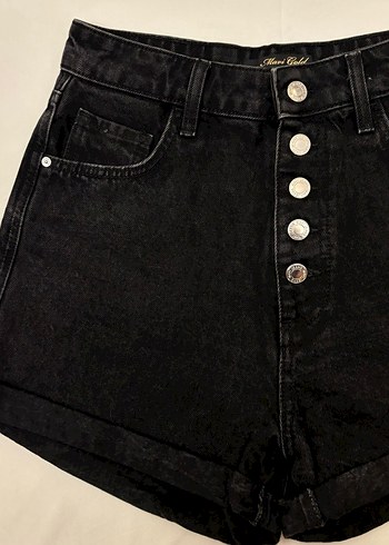 Düğmeli Siyah Mini Kot Şort - Görsel 2