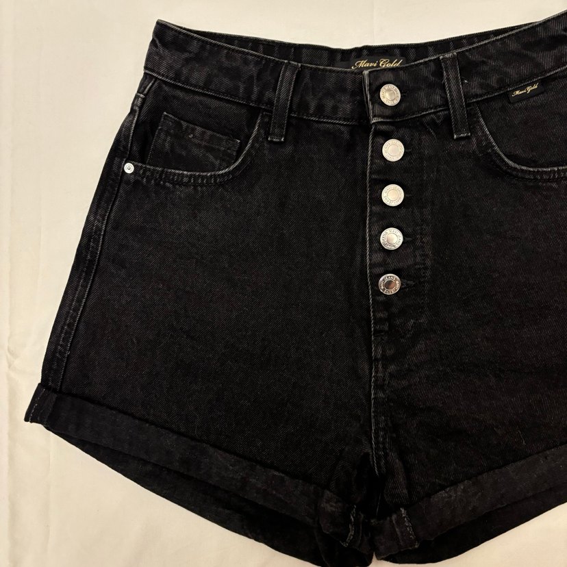 Düğmeli Siyah Mini Kot Şort - Görsel 2