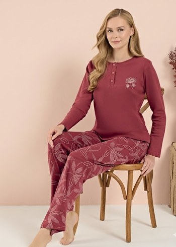 Bordo Desenli Kollu Kadın Pijama - Görsel 2