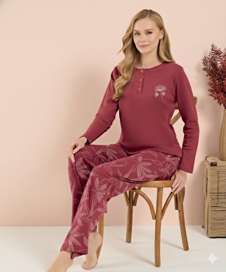 Bordo Desenli Kollu Kadın Pijama - Görsel 2