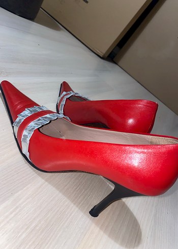 Kadın Kırmızı Deri Pliseli Yüksek Topuklu Stiletto - Görsel 3