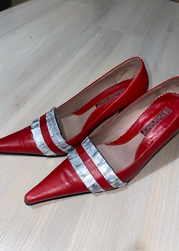 Kadın Kırmızı Deri Pliseli Yüksek Topuklu Stiletto - Görsel 4