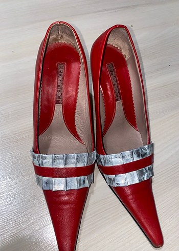 Kadın Kırmızı Deri Pliseli Yüksek Topuklu Stiletto - Görsel 2