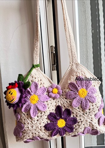 Mor Çiçekli Dantel Detaylı Örgü Kadın Çanta - Görsel 4