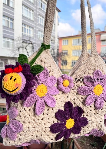 Mor Çiçekli Dantel Detaylı Örgü Kadın Çanta - Görsel 5