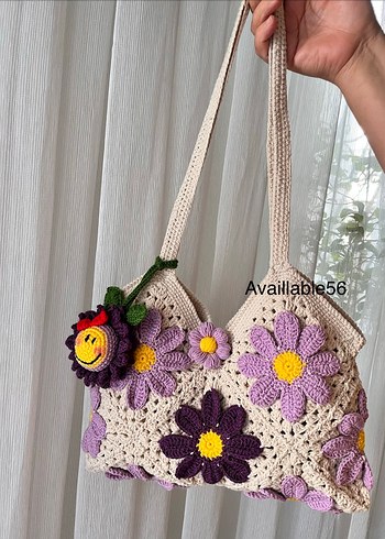 Mor Çiçekli Dantel Detaylı Örgü Kadın Çanta - Görsel 2