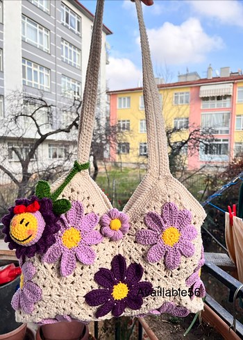 Mor Çiçekli Dantel Detaylı Örgü Kadın Çanta - Görsel 6