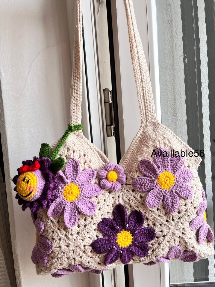 Mor Çiçekli Dantel Detaylı Örgü Kadın Çanta - Görsel 4