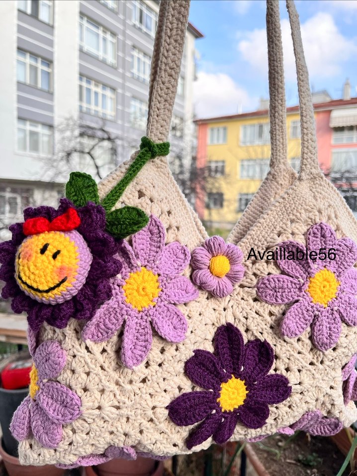 Mor Çiçekli Dantel Detaylı Örgü Kadın Çanta - Görsel 5