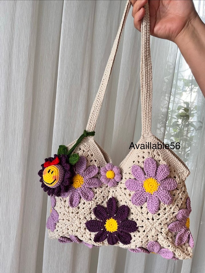 Mor Çiçekli Dantel Detaylı Örgü Kadın Çanta - Görsel 2