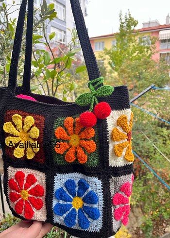 Çiçek Desenli Renkli Örgü Bohem Çanta - Görsel 4