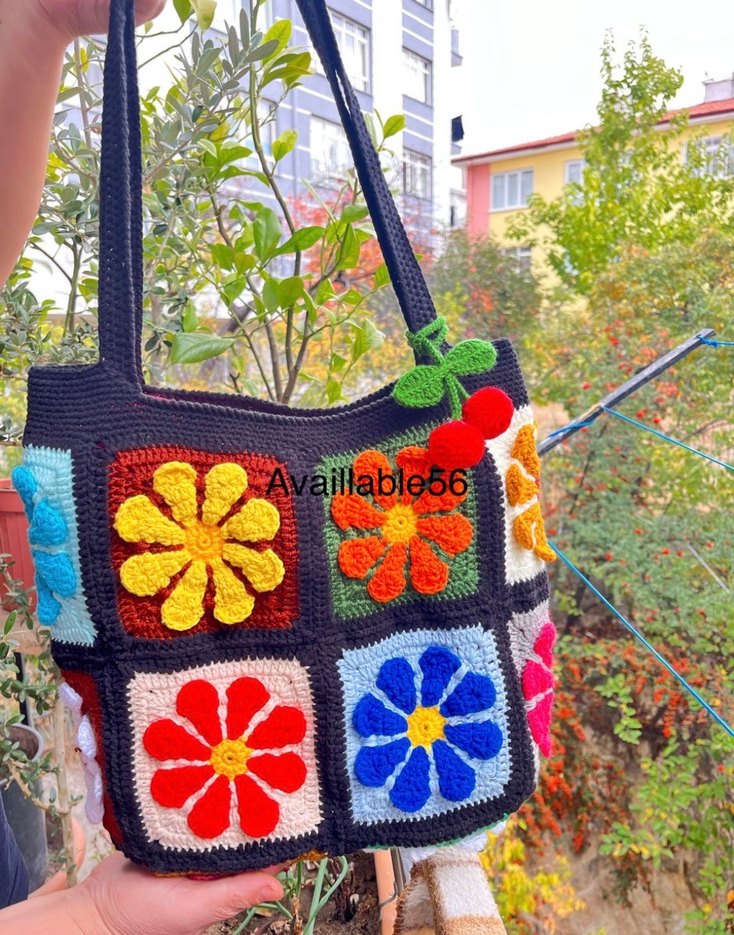 Çiçek Desenli Renkli Örgü Bohem Çanta - Görsel 3