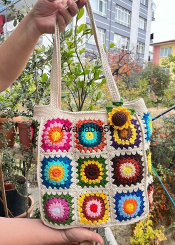 Çiçek Desenli Renkli Örgü Bohem Kadın Çantası - Görsel 3