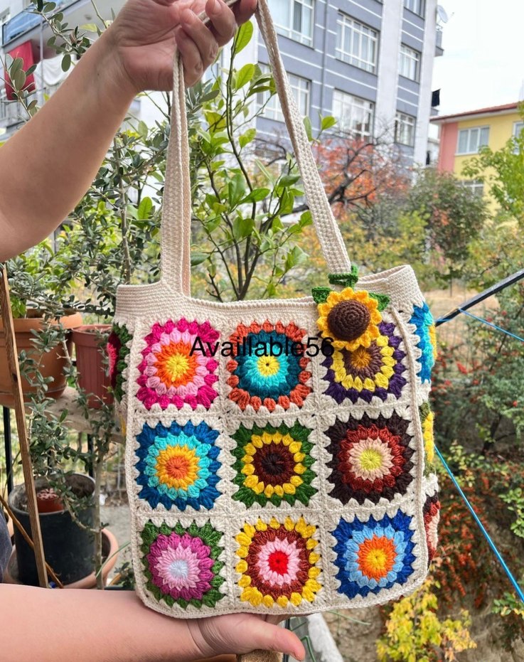 Çiçek Desenli Renkli Örgü Bohem Kadın Çantası - Görsel 3
