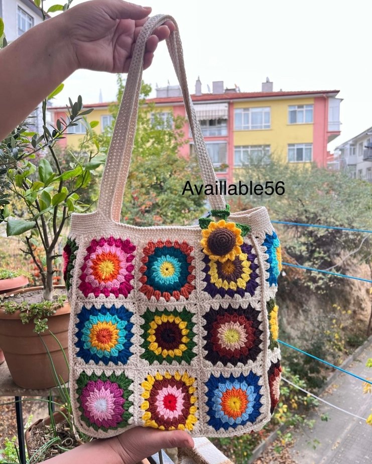 Çiçek Desenli Renkli Örgü Bohem Kadın Çantası - Görsel 2