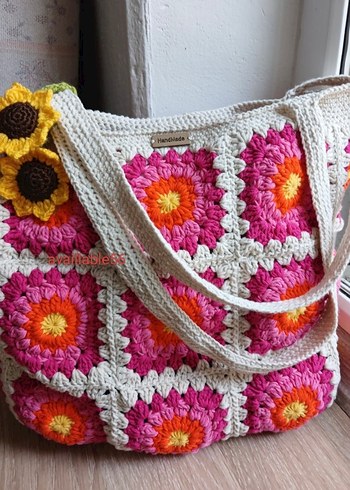 Çiçek Desenli Renkli Örgü Bohem Çanta - Görsel 5