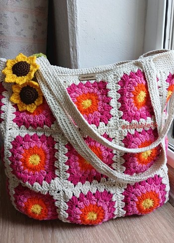 Çiçek Desenli Renkli Örgü Bohem Çanta - Görsel 3