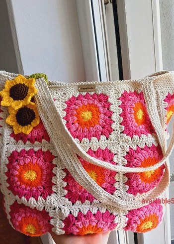 Çiçek Desenli Renkli Örgü Bohem Çanta - Görsel 2