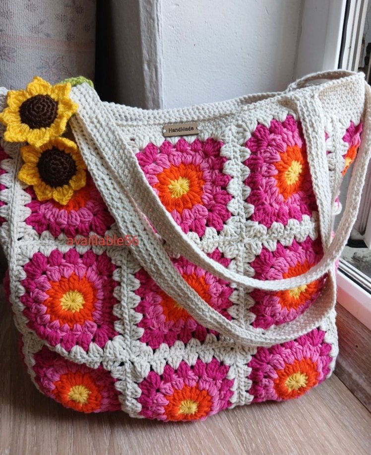Çiçek Desenli Renkli Örgü Bohem Çanta - Görsel 5