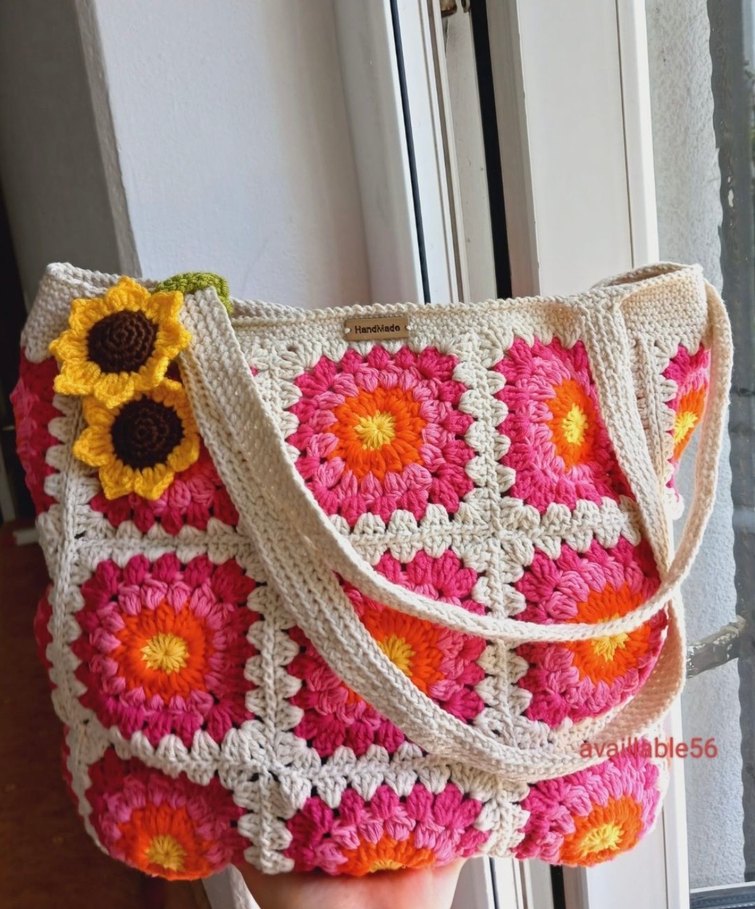 Çiçek Desenli Renkli Örgü Bohem Çanta - Görsel 2