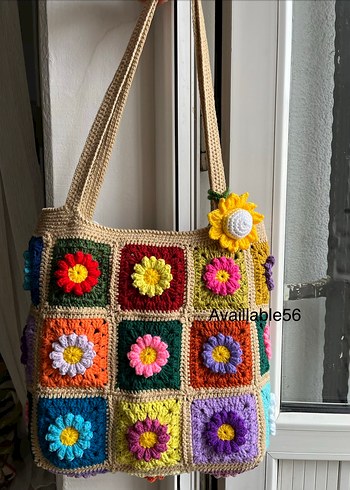 Renkli Çiçek Desenli Örgü Bohem Kadın Çantası - Görsel 4