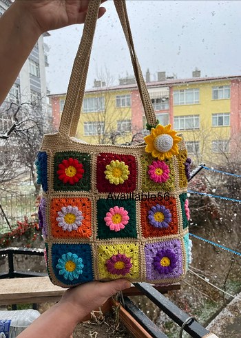 Renkli Çiçek Desenli Örgü Bohem Kadın Çantası - Görsel 6