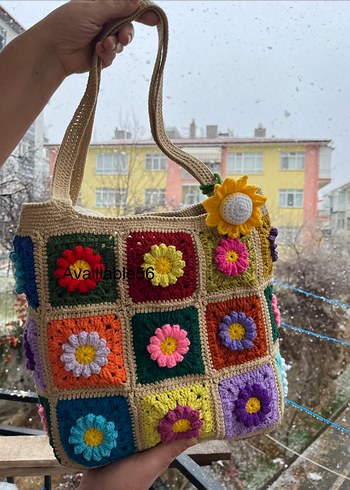 Renkli Çiçek Desenli Örgü Bohem Kadın Çantası - Görsel 3