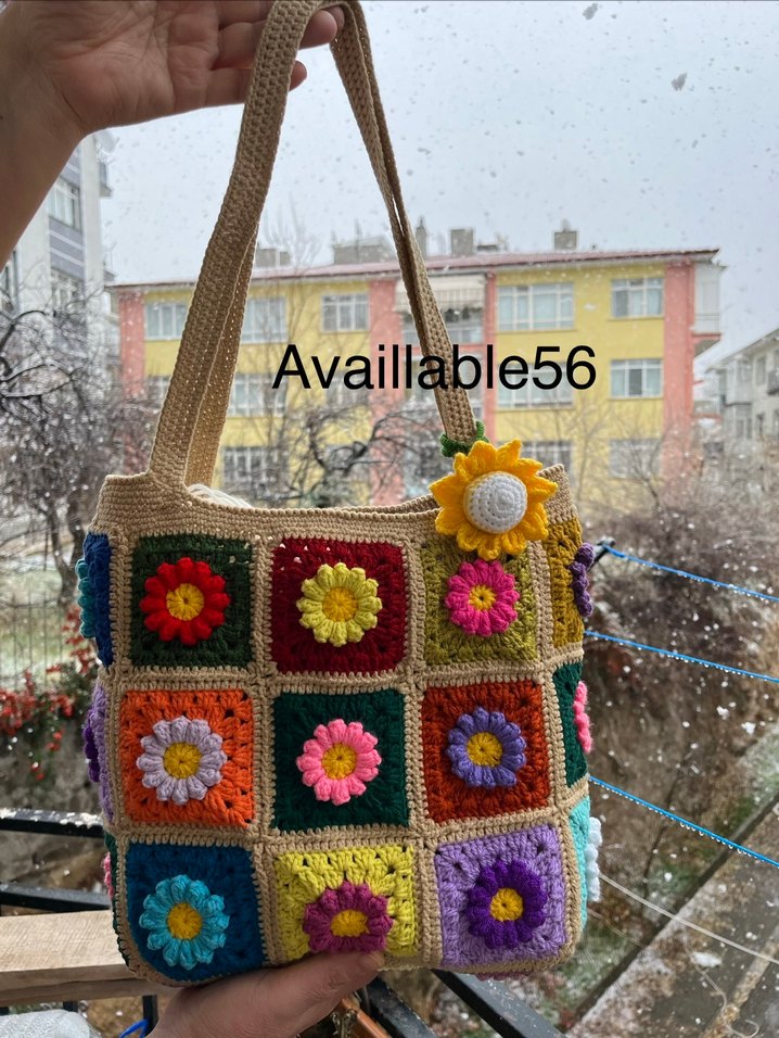 Renkli Çiçek Desenli Örgü Bohem Kadın Çantası - Görsel 5